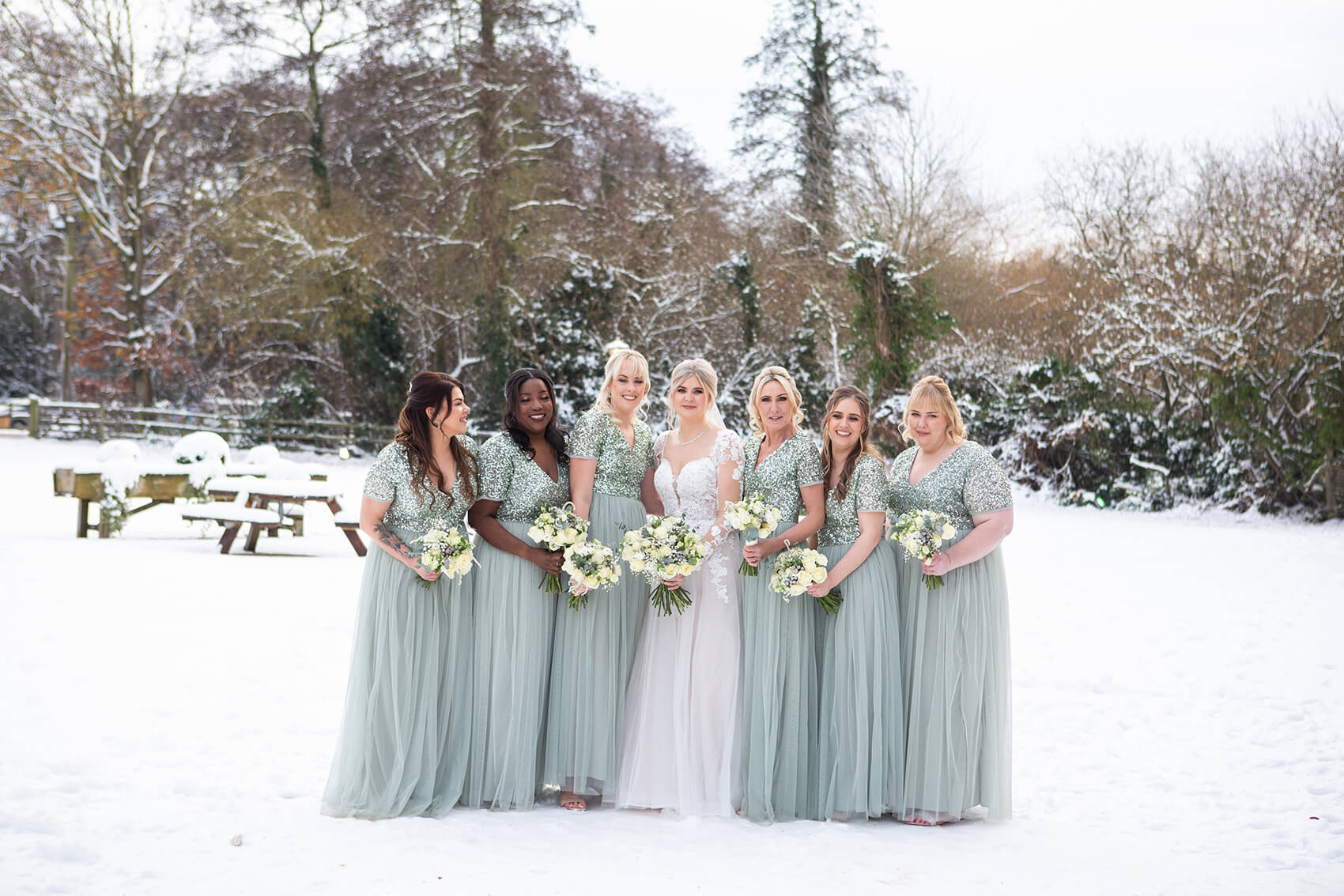 The bridal party standing in the snow