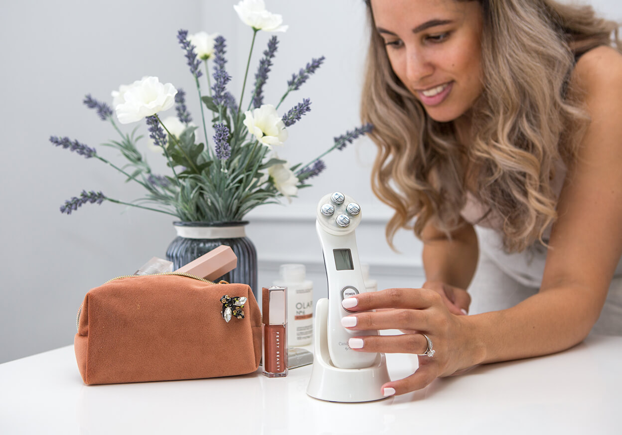 Woman setting up a face lifting device