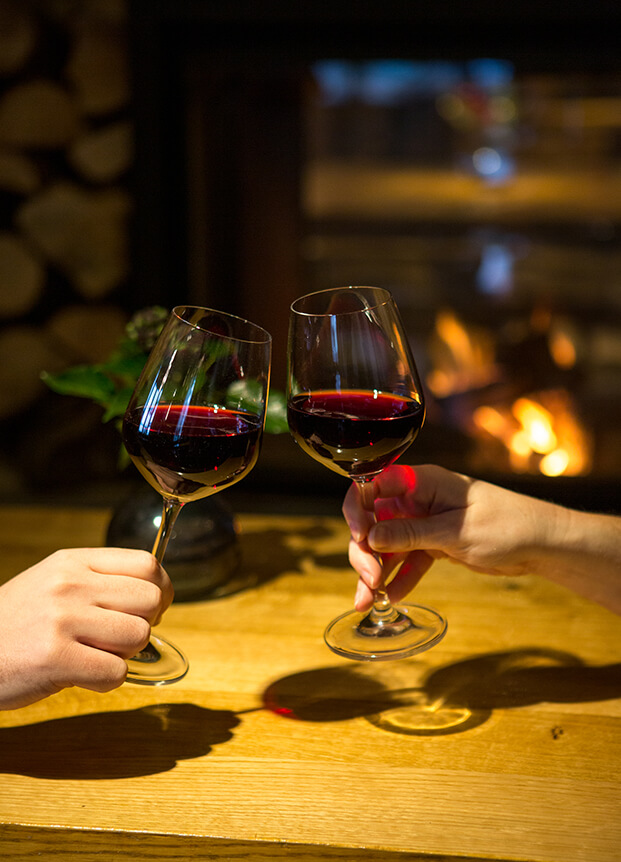 A toast being share with two glasses of red wine