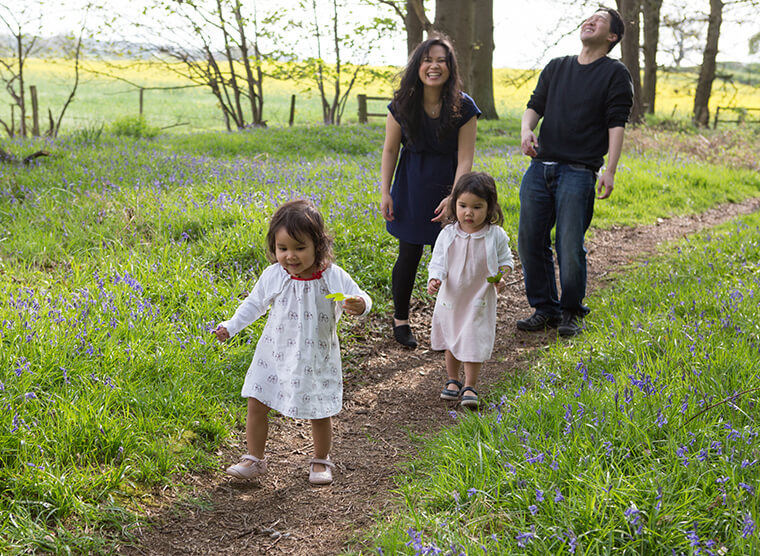 Family walking down nature path