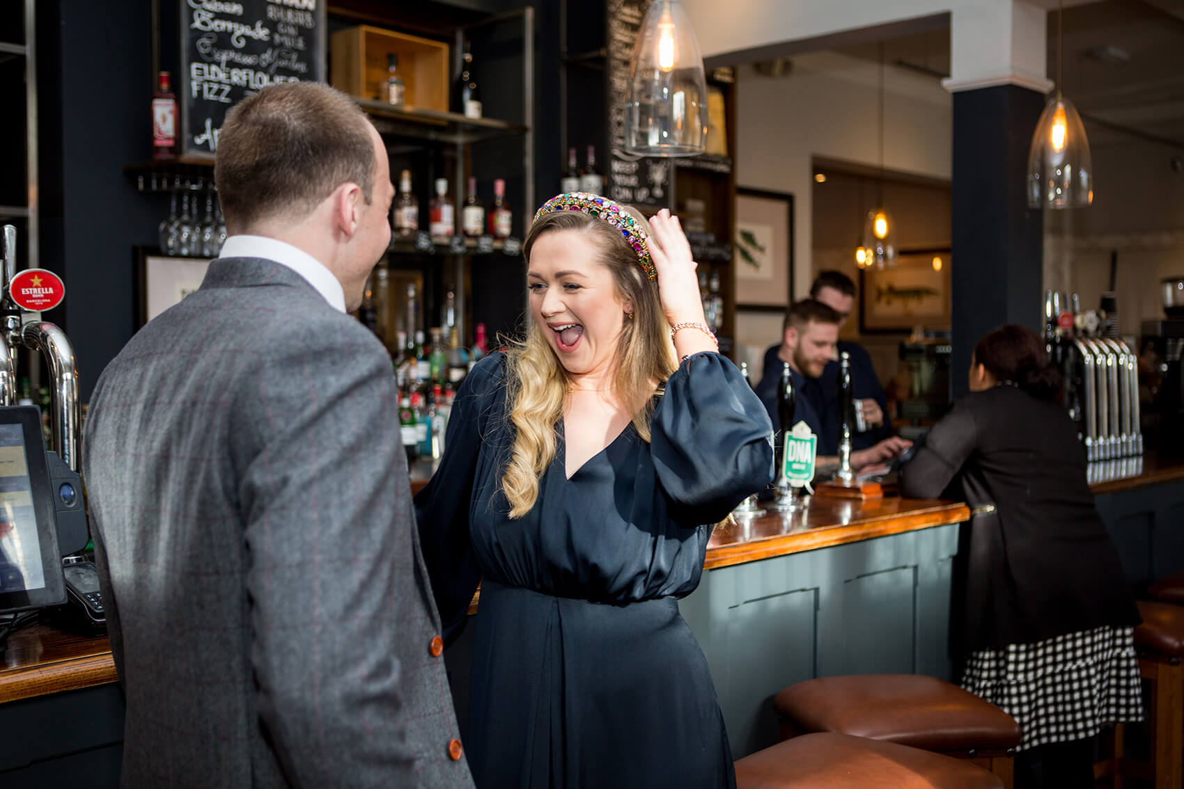 Wedding guests laughing